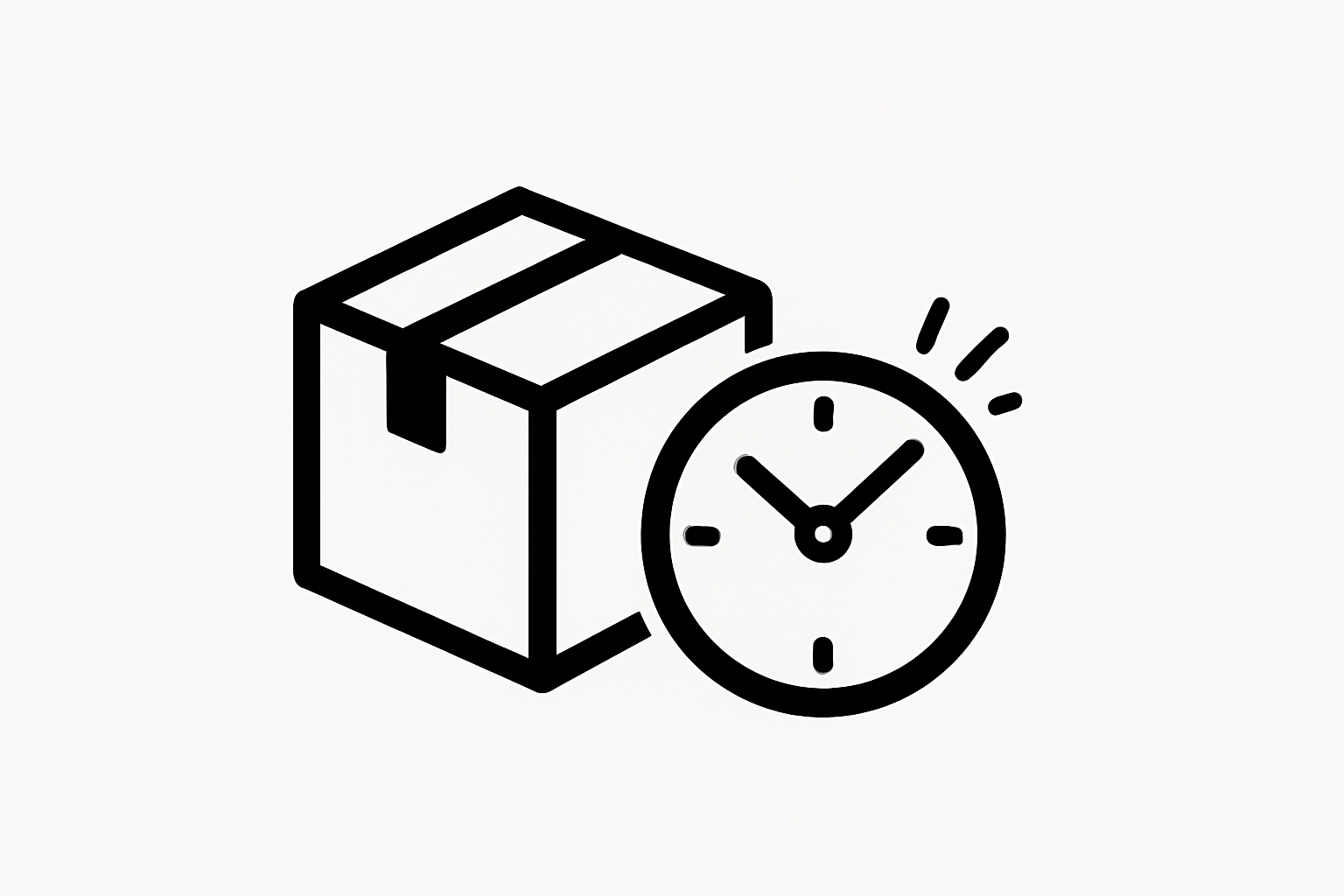 Ein schwarzes Paket Icon daneben eine schwarze Uhr die tickt